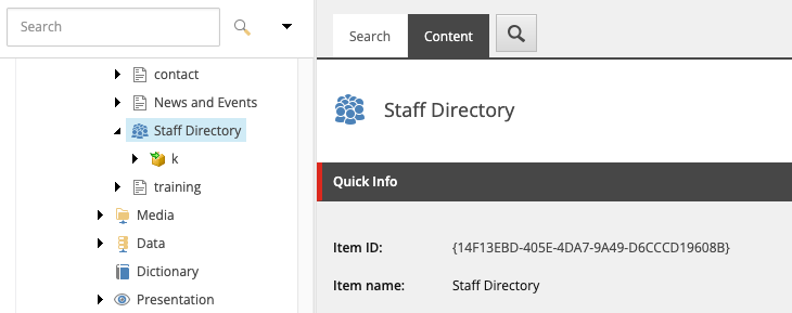 Screenshot showing the Content Tab selected when the people listing page is active in Content Editor's editing pane