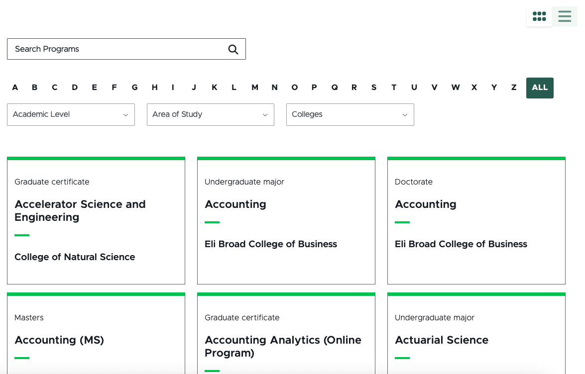 A screenshot of a Program Listing Page on the Office of Admissions website