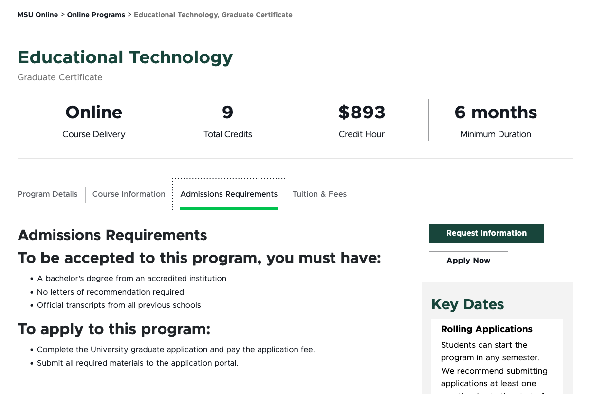 A screenshot of a Program Details page on the Online.msu.edu website