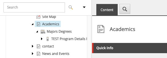 The Content tab has been selected on the Academics page, which serves as the Program Listing page.