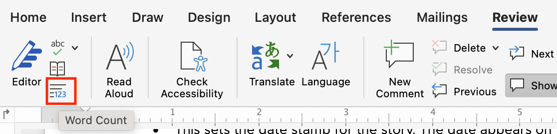 Screenshot of the Microsoft Word toolbar with the Word Count icon marked with a red box
