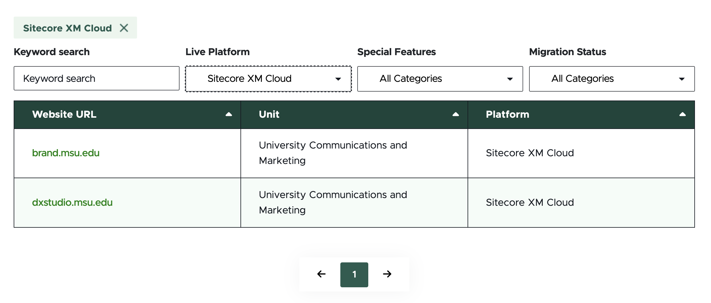A screenshot of a table with active filters