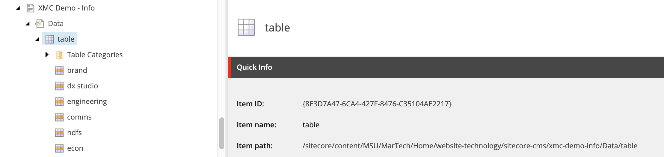 A screenshot of Content Editor's content tree with a table item selected
