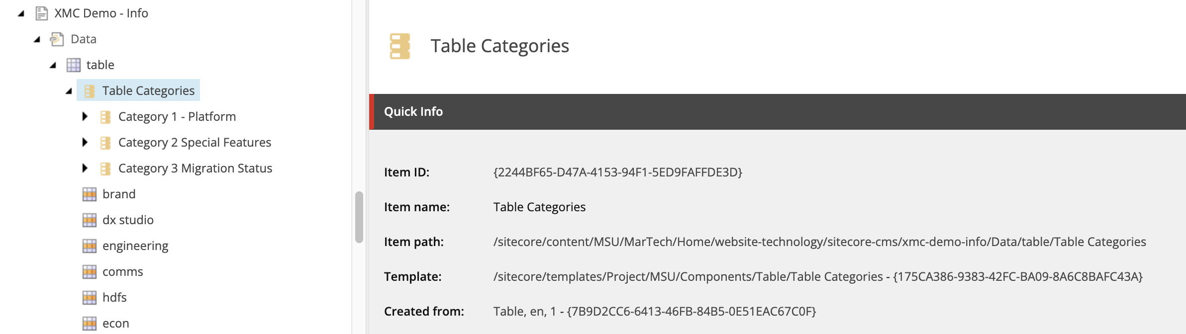 A screenshot of Content Editor's content tree with a table categories item selected