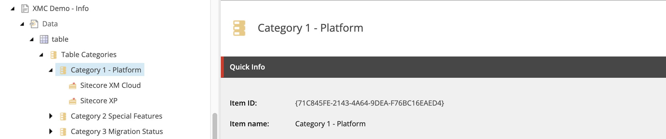 A screenshot of Content Editor's content tree with a specific category item selected
