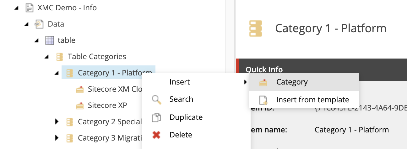 A screenshot of Content Editor's content tree with a table category insert option selected