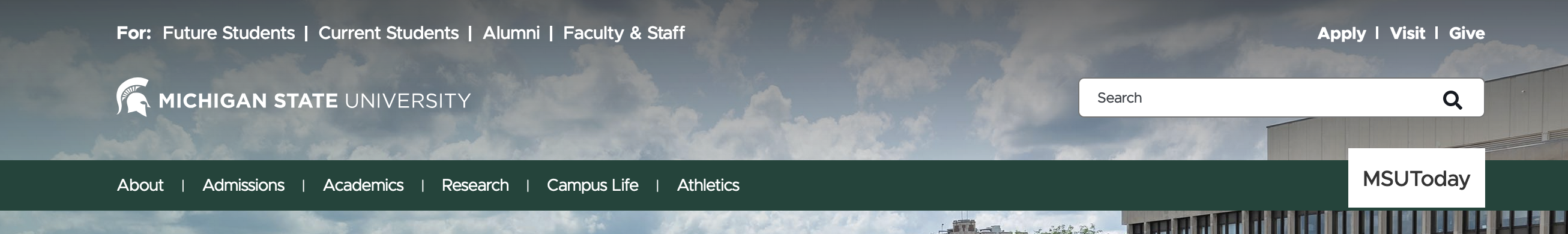 The brand bar on the MSU website includes Future Students, Current Students, Alumnni and Faculty & Staff audience links on the left and Apply, Visit and Give links on the right. 