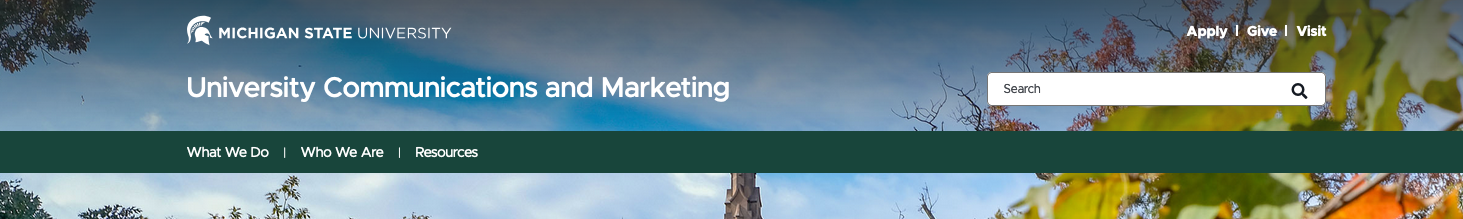 The brand bar on the University Communications website includes Apply, Give and Visit links on the right.