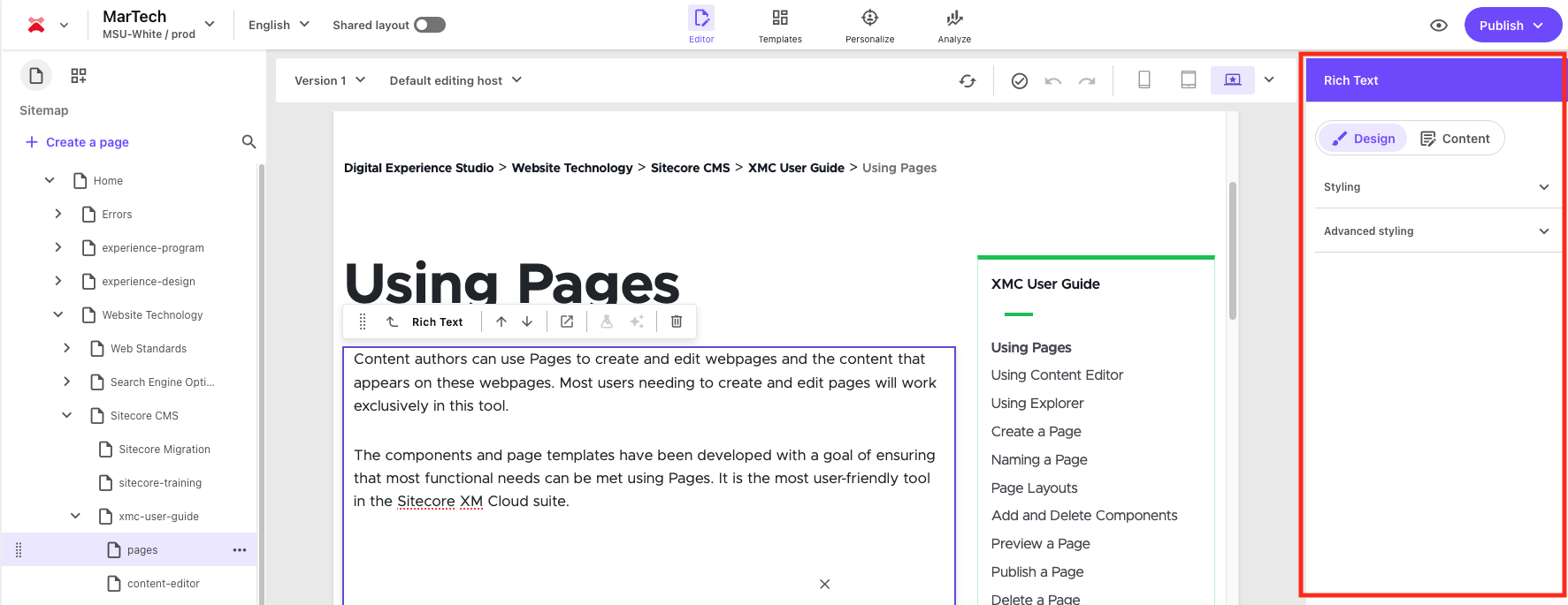 Screenshot of Sitecore Page Builder with the right side panel outlined with a red box