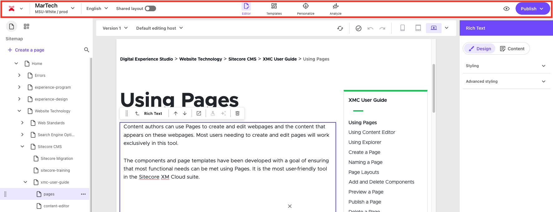 Screenshot of Sitecore Page Builder with the top navigation bar outlined with a red box