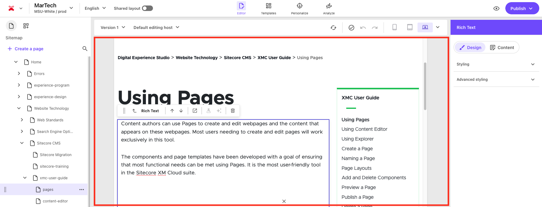 Screenshot of Sitecore Page Builder with the edit area outlined with a red box