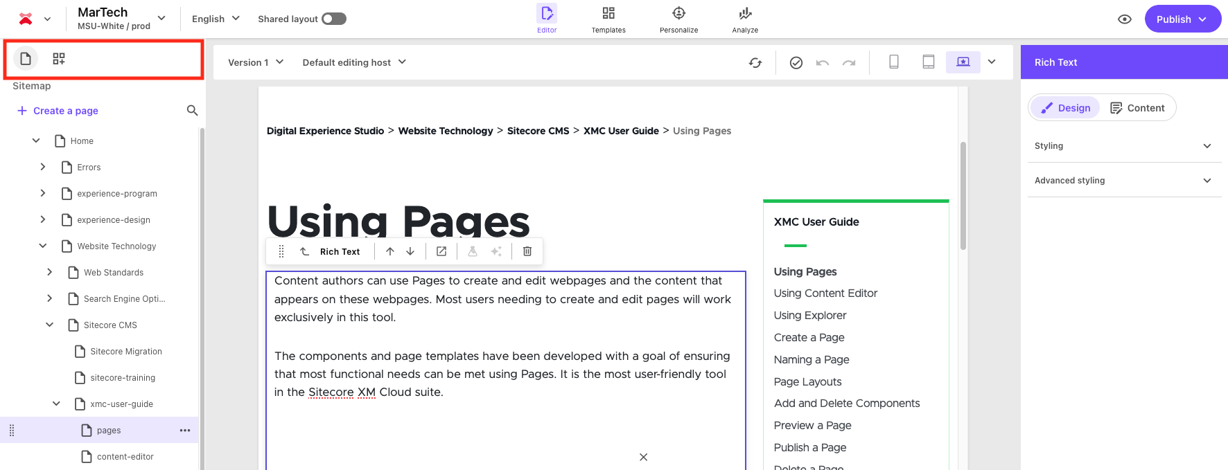 Screenshot of Sitecore Page Builder with two icons on the left side outlined with a red box
