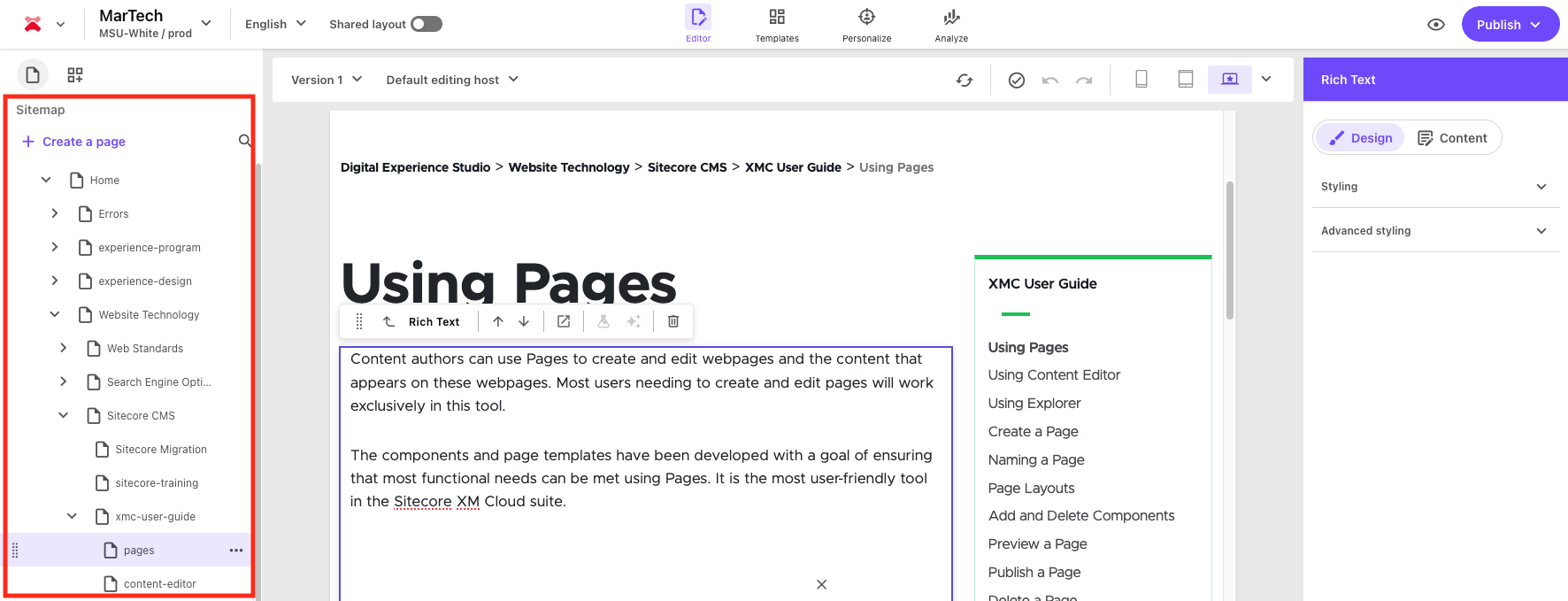 Screenshot of Sitecore Page Builder with the left side content tree menu outlined with a red box