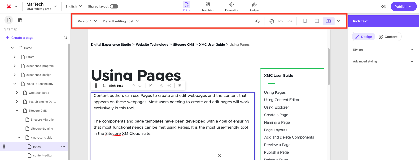Screenshot of Sitecore Page Builder with the preview navigation bar outlined with a red box