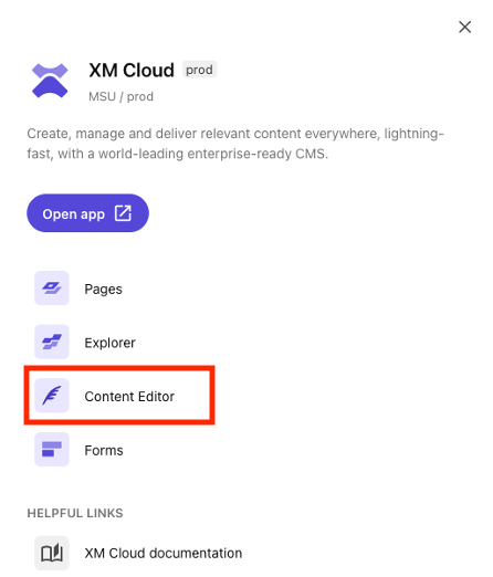 The XM Cloud apps menu with Content Editor marked in red.