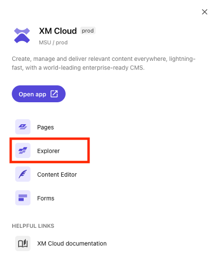 The XM Cloud apps menu with Explorer marked in red.