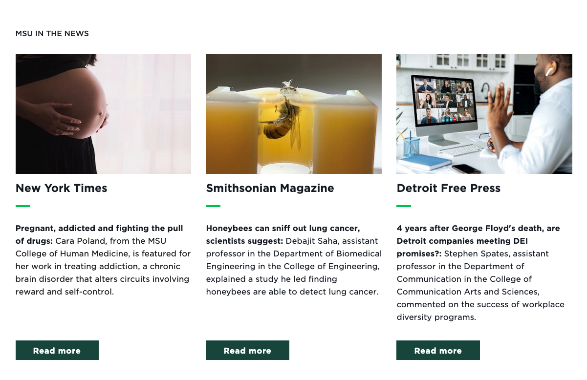 A screenshot of a three column mixed content component with images