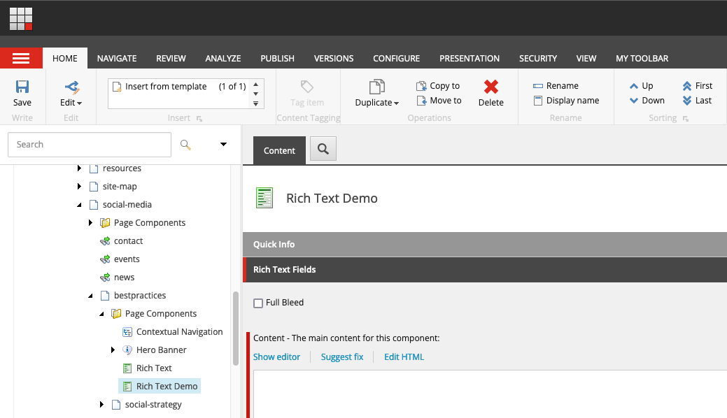 A screenshot of the content panel for a rich text component.