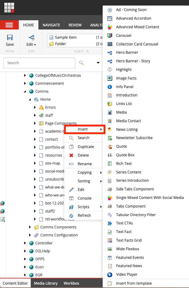 A screenshot of the flyout panel that appears to insert a component on a page.