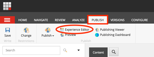 A screenshot of the Content Editor publish tab where Experience Editor can be accessed.