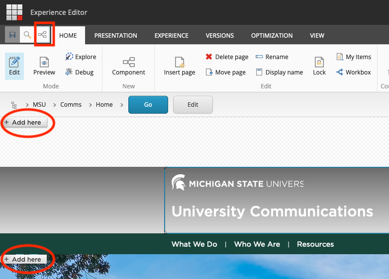 A screenshot of the Experience Editor navigation ribbon showing the icons for adding a component and the resulting Add Here buttons on the page rendering.