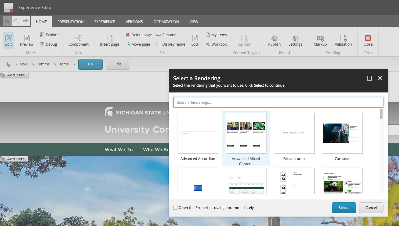 A screenshot of the Select Rendering window that opens in Experience Editor when adding content to the page.