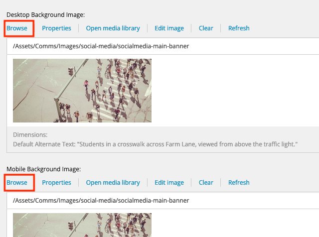 A screenshot of the Browse option when choosing a hero banner image.