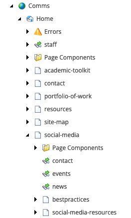 A screenshot of the Content Tree showing hierarchy of pages in the comms.msu.edu website