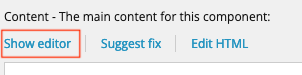 A screenshot of the "show editor" link for a rich text editor component