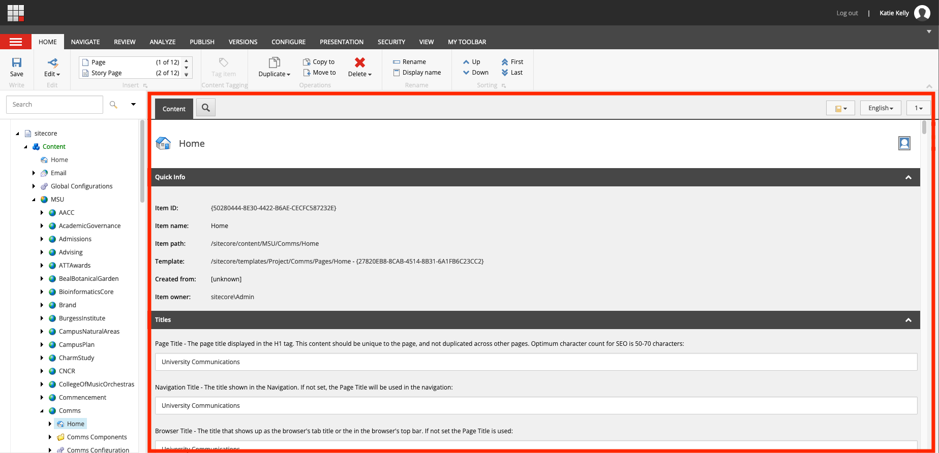 A screenshot of the Sitecore XP Content Editor interface with the content area outlined by a red box.