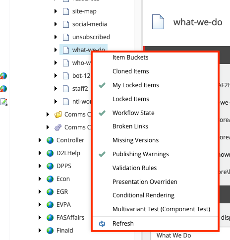 A screenshot of the Sitecore XP Content Editor interface with the gutter customization panel outlined by a red box.