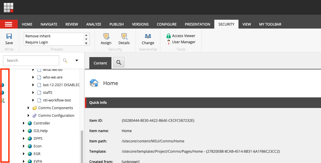 A screenshot of the Sitecore XP Content Editor interface with the gutter outlined by a red box.