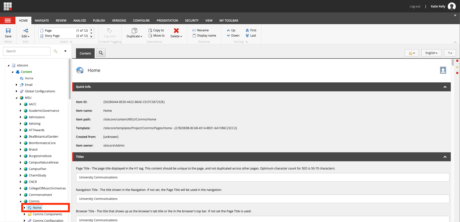 A screenshot of the Sitecore XP Content Editor interface with a page node outlined by a red box.