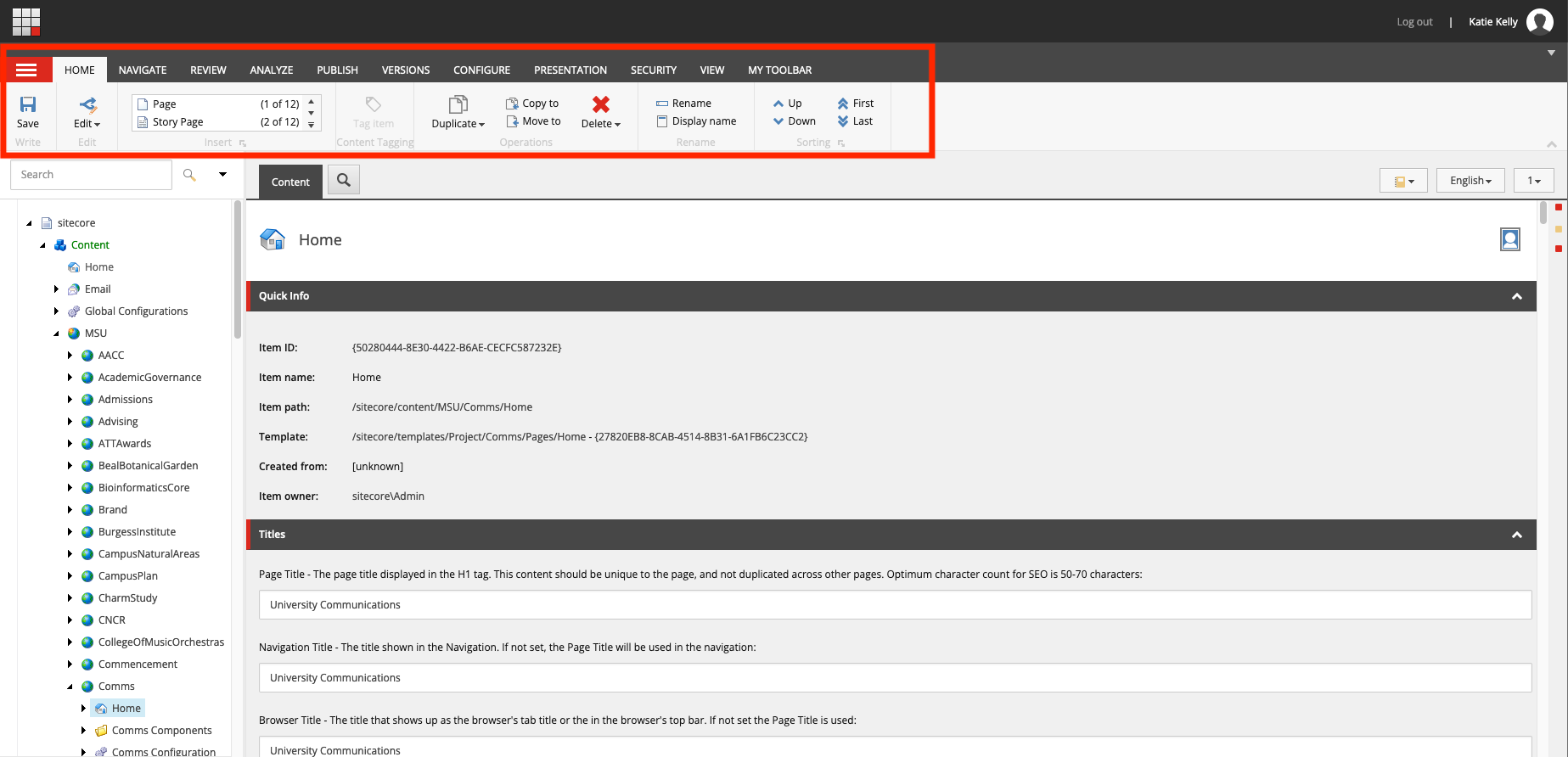 A screenshot of the Sitecore XP Content Editor interface with the navigation ribbon outlined by a red box.