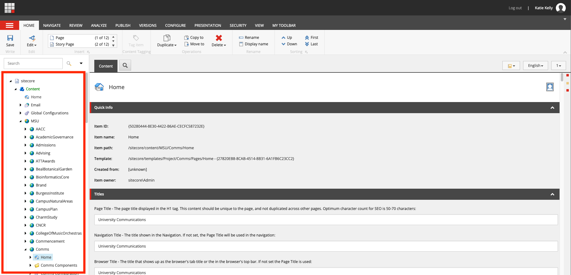 A screenshot of the Sitecore XP Content Editor interface with the content tree outlined by a red box.
