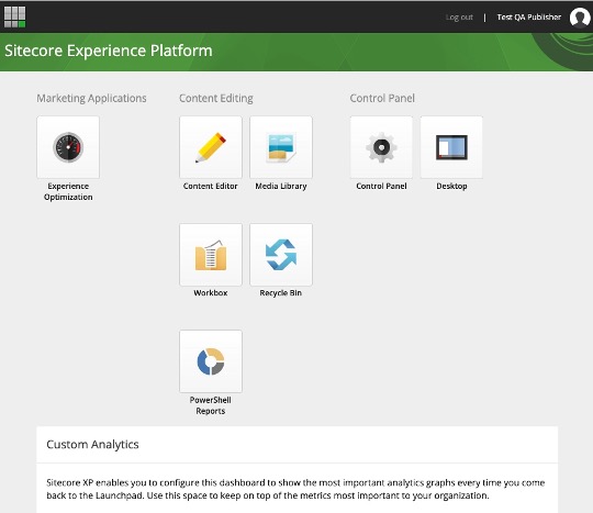 A screenshot of the launchpad in Sitecore XP's QA environment