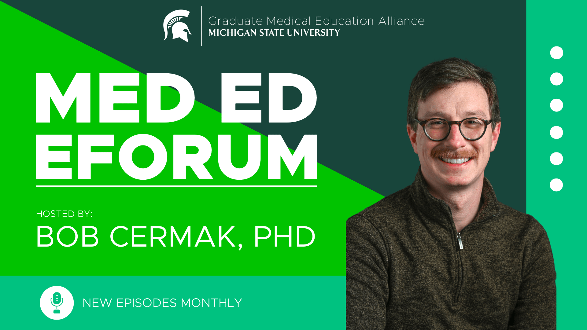 Promotional banner for "Med Ed Eforum" podcast hosted by Bob Cermak, PhD, featuring Michigan State University branding.
