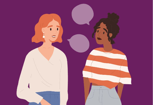 A drawing of two people on a purple background. The person on the left has short red hair and a cream-colored top. The person on the right has black hair and a striped top. Between them are blank talking bubbles.