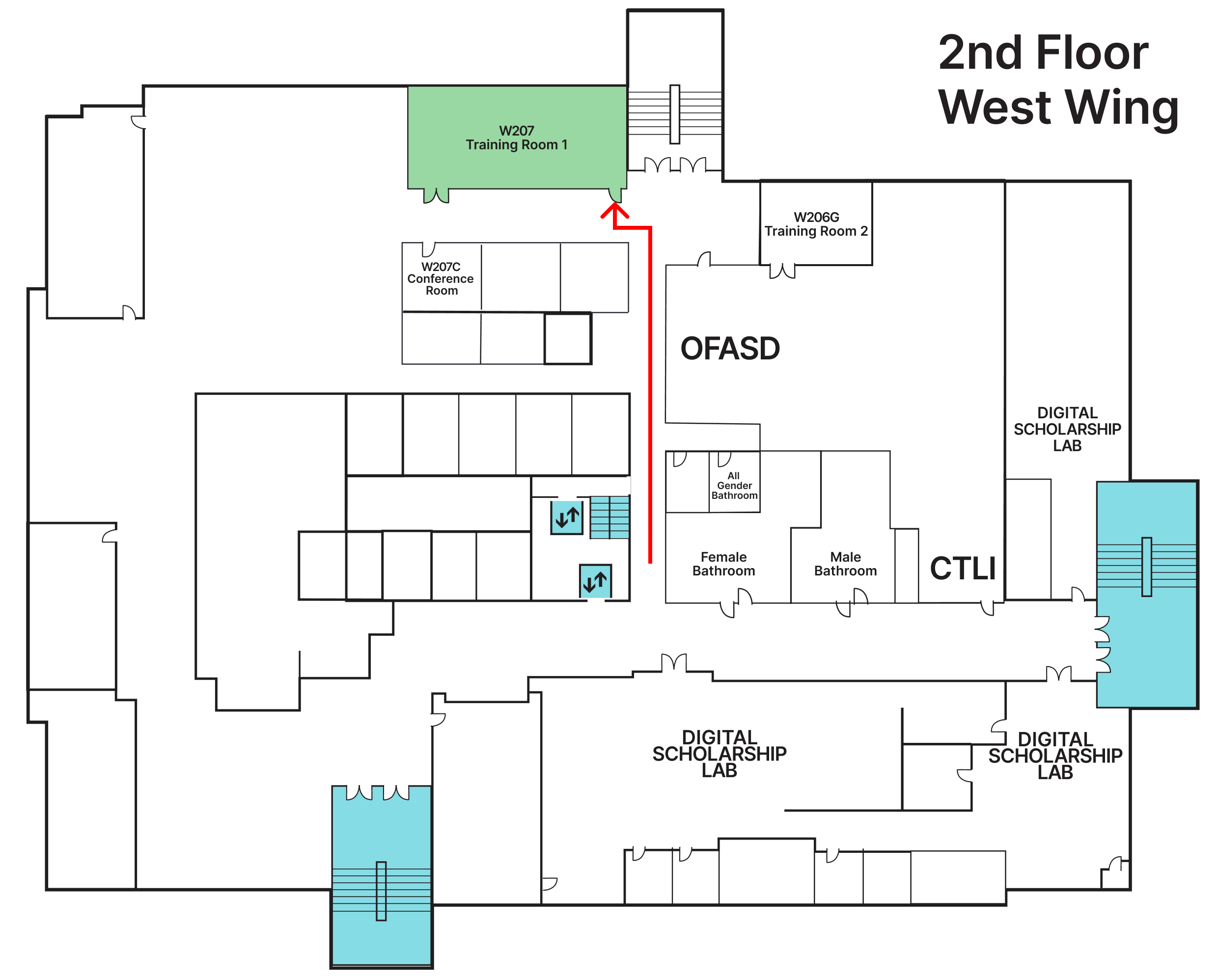 A floor plan with a route marked in red