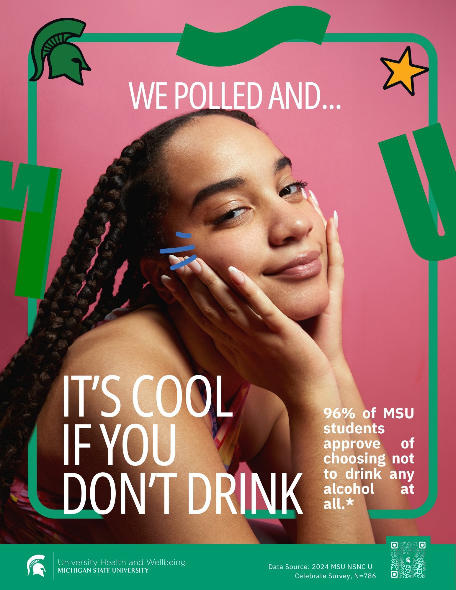 Image of Student with text saying It's cool if you don't drink