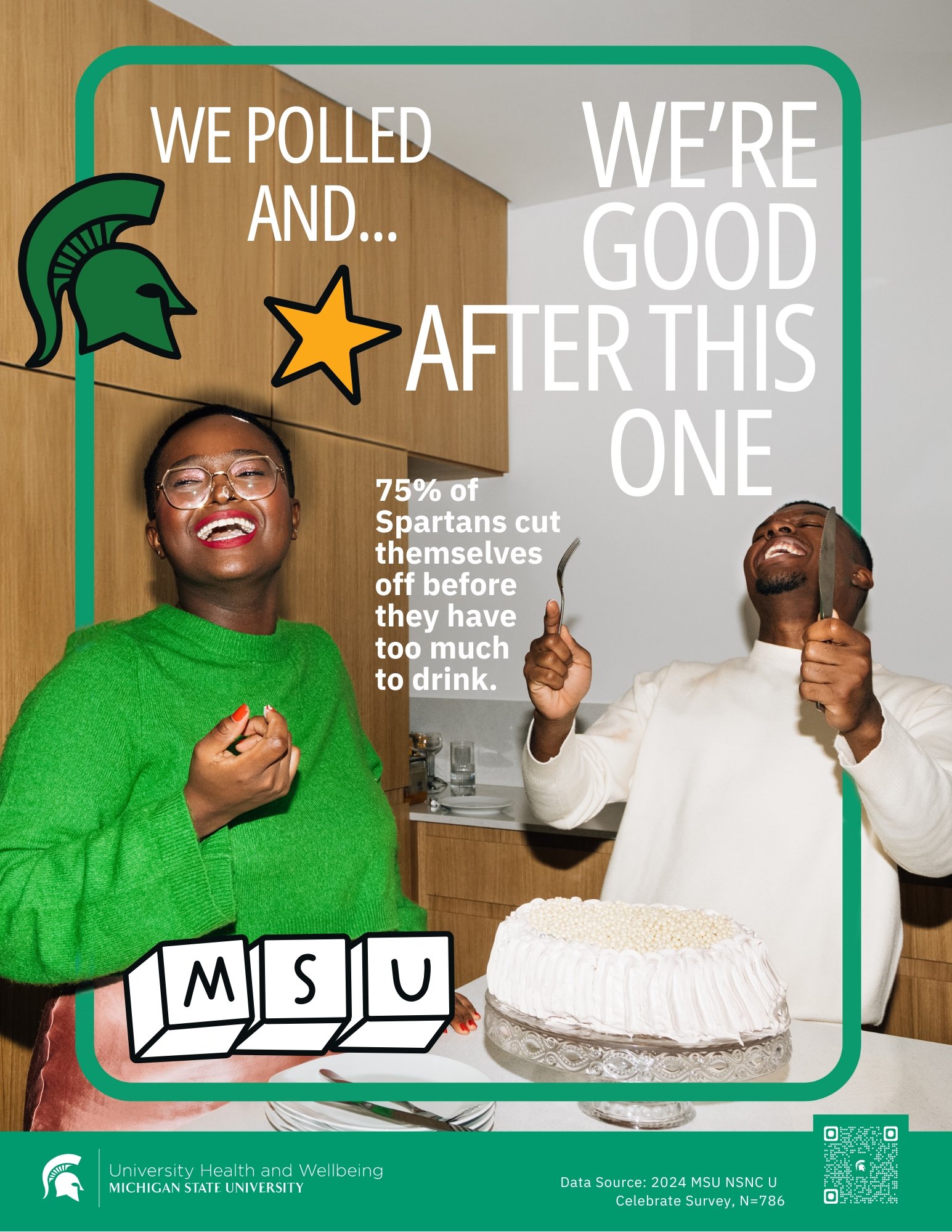 Two students with cake and text saying We're Good after this one