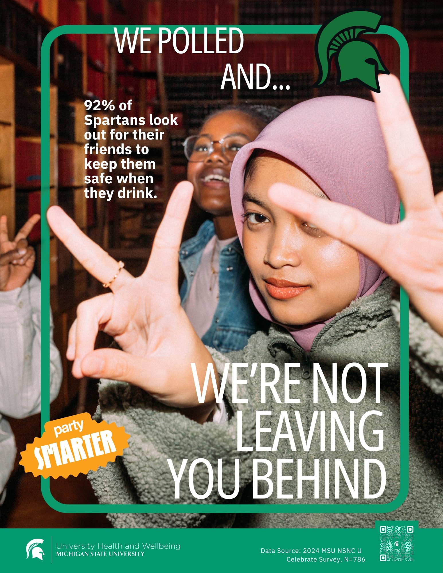 students making peace signs with text saying We're Not Leaving You Behind