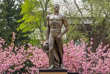 spartan-statue-spring-flowers-mixed-media-three-column