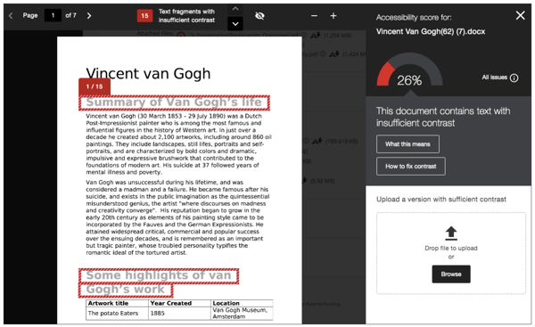 Instructor feedback panel showing preview of the document, accessibility issue explanation and links to instructions for fixing the issue and for uploading the corrected file.