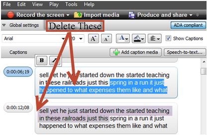 Screenshot of Camtasia's Caption Creator with Delete These select, arrows pointing toward highlighted text