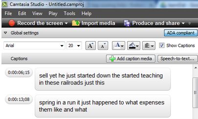 Screenshot of Camtasia's Caption Creator