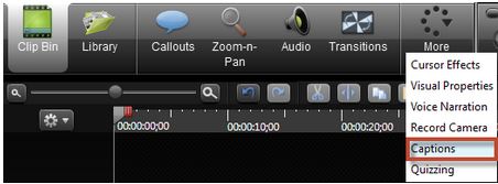 Screenshot of More drop down menu with Captions selected