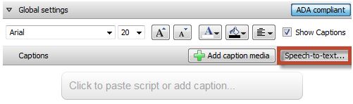 Screenshot of Camtasia' Captions creator with Speech-to-text selected