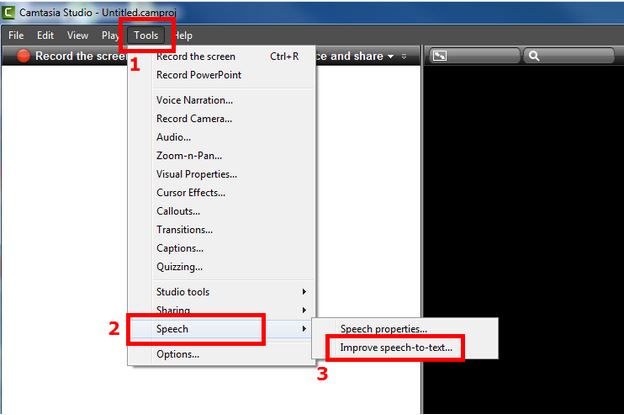 Screenshot of the Tools dropdown menu with Improve speech-to-text selected from the Speech option