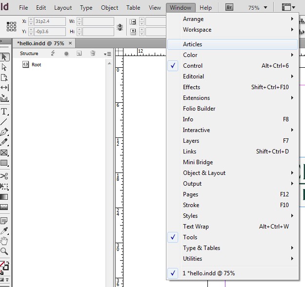 Screenshot of Window drop down menu. Articles, near the top of this menu, is highlighted.